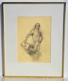 John Lear Male Semi Nude Realist Signed Drawing 1987
