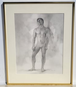 John Lear Male Semi Nude Realist Signed Drawing 1984