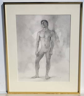 John Lear Male Semi Nude Realist Signed Drawing 1984: John Lear Male Semi Nude Realist Signed Drawing 1984. Dimensions: sight- 15in x 11.25in, frame- 20.25in x 16.25in Shipping: Visit StedmanShipping Dot Com for all info. Note large or heavy bronzes and