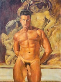Kirk Varnedoe Large 1992 Male Nude Phallic Portrait Gay Interest Painting Signed And Dated Lower