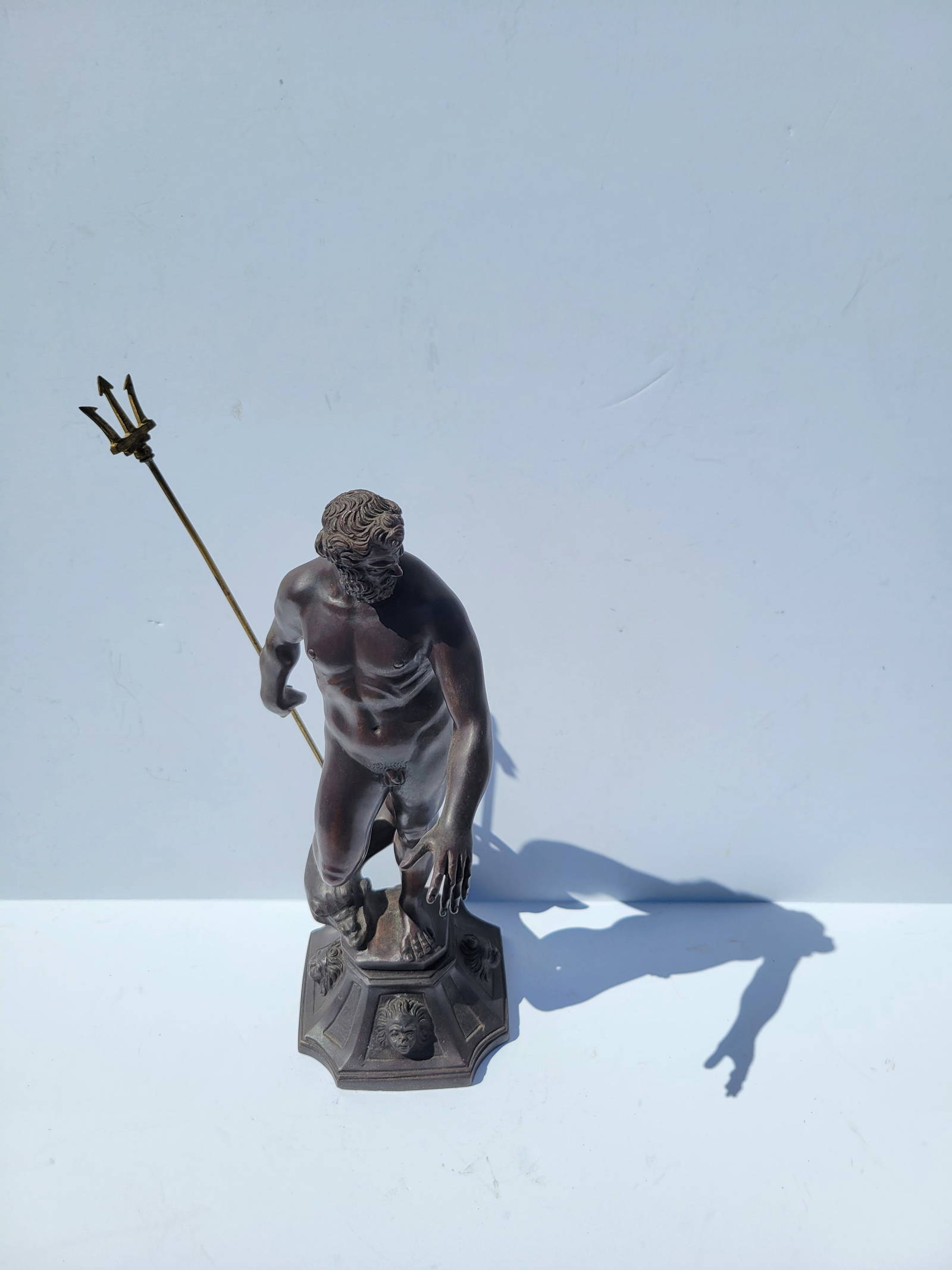 Antique Poseidon Neptune Dolphin Bronze Male Nude Statue Sculpture Auction