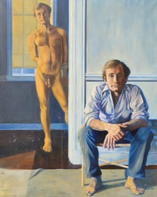 Signed Haft 1981 Large Introspection Nude Male Artist Self Portrait Wooden Strip Molding Frame Note