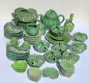 Aprox 4 Dozen Majolica Green Leaf Tablewares Including Japan Portugal At Least One Italy