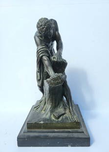 Roman Greek Wrestler Milo Of Croton After Edme Dumont Bronze Male Nude Statue Unsigned Antique: Roman Greek Wrestler Milo Of Croton After Edme Dumont Bronze Male Nude Statue Unsigned Antique Sculpture. Dimensions: 18in including 2in hardstone plinth base Weight: 38lbs Shipping: Visit