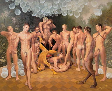 Jack Cowan 1999 Large Nude Male Bacchanal Phallic Interior Genre Gay Interest Painting Signed And: Jack Cowan 1999 Large Nude Male Bacchanal Phallic Interior Genre Gay Interest Painting Signed And Dated Lower Right Metal Molding. Dimensions: 40in x 50in Shipping: Visit StedmanShipping Dot Com for