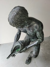 Large Bronze Nude Male Conch Fountain With Verdigris No Visible Signature