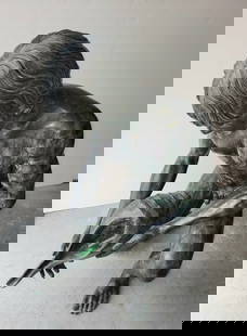 Large Bronze Nude Male Conch Fountain With Verdigris No Visible Signature: Large Bronze Nude Male Conch Fountain With Verdigris No Visible Signature. Dimensions: 40in x 19in x 35.5in Weight: Aprx 100-150lbs Shipping: NOTE this is one of 11 heavy statues to be picked up at