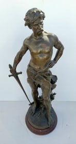 Large Antique Bronze French Louis Gossin Patria Male Nude With Sword Bronze Statue Sculpture See