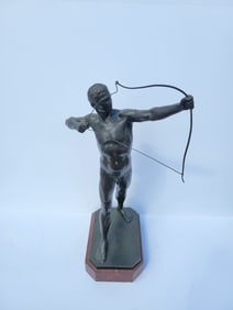 Walter Levy German Art Deco Jugendstil Male Nude Archer Athlete Bronze Statue Sculpture Signed On