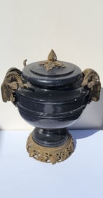 Large Heavy Gilt Ormolu Mounted Rams Head Lidded Marble Pedestal Urn Vintage