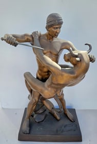 Massive Theseus Slaying The Minotaur After Antoine Louis Barye Antique Male Nude Greek Roman Bronze