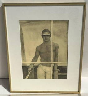 John Lear Male Semi Nude Realist Signed Drawing: John Lear Male Semi Nude Realist Signed Drawing, 13.25 x 10 sight, 20.25 x 16.25 framed, inches. Shipping: Visit StedmanShipping Dot Com for all info. Note large or heavy bronzes and concrete garden