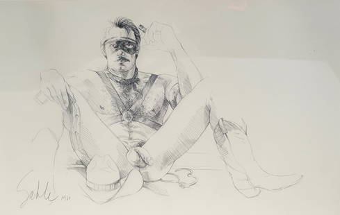 1980 Signed Cowboy Bondage Cigar Mask Nude Male Illustration Drawing: 1980 Signed Cowboy Bondage Cigar Mask Nude Male Illustration Drawing. Dimensions: 20in x 32in plus frame Shipping: Visit StedmanShipping Dot Com for all info. Note large or heavy bronzes and concrete