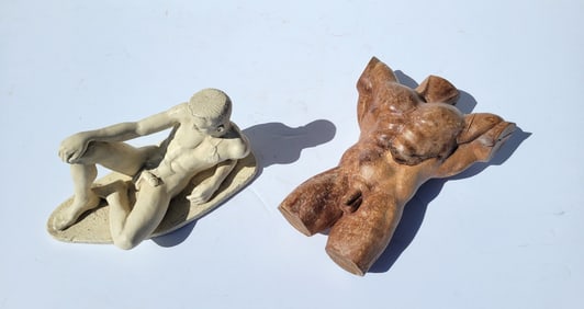 Lot 2 Nude Male Sculptures Plaster Waynesart Flat Top GI And Wooden Muscled Torso Unsigned