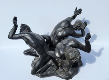 Three Male Nudes Kneeling Bronze Plateau Bowl Base Statue Sculpture No Visible Signature Vintage To