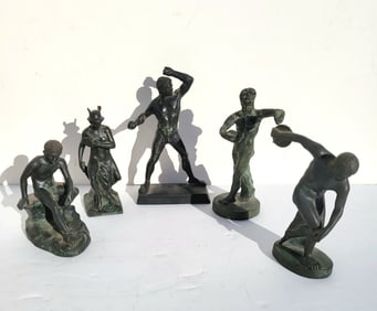 Collection 5 Vintage To Antique Grand Tour Cabinet Bronzes Greek Roman Nude Males After Antiquity