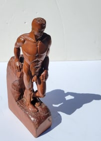 Vintage Possibly Art Deco WPA Era Carved Wood Male Nude Statue Sculpture Unsigned