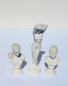 3 Classical Plaster And Or Bisque Ceramic Sculptures Including A Signed Giannelli Standing Nude