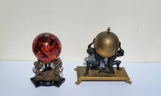 Two Vintage Classical Bronze Decorations Including A Bazzanti Italian Two Figure Vessel And Three: Two Vintage Classical Bronze Decorations Including A Bazzanti Italian Two Figure Vessel And Three Lion Centerpiece With Lucite Ball. Shipping: Visit StedmanShipping Dot Com for all info. Note large