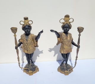 Pair Vintage Patinated Heavy Blackamoor Standing Figural Candlesticks