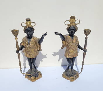 Pair Vintage Patinated Heavy Blackamoor Standing Figural Candlesticks: Pair Vintage Patinated Heavy Blackamoor Standing Figural Candlesticks. Dimensions:Aprox 15in tall, 16.5lbs Shipping: Visit StedmanShipping Dot Com for all info. Note large or heavy bronzes and