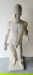 Vintage Greek Riace Warrior Nude Classical Male Concrete Garden Statue Sculpture: Vintage Greek Riace Warrior Nude Classical Male Concrete Garden Statue Sculpture. Dimensions: 56in Weight: Aprx. Over 100 & likely under 200 lbs Shipping: NOTE this is one of 11 heavy statues to be
