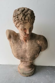 Vintage Concrete Greek Roman Classical Male Garden Bust Stamped Hermes With Registered R Stamp