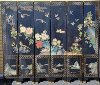 Vintage Asian Lacquer Coromandel 6 Panel Screen