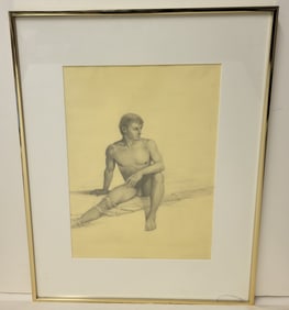 John Lear Male Nude Realist Signed Drawing Dated Note Far Corner Glass Crack