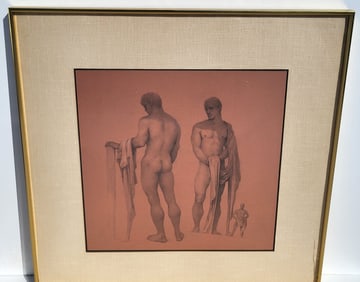 John Lear Male Nude Realist Signed Drawing Note Glass Crack