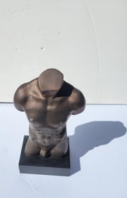 Contemporary Nude Male Muscular Torso Patinated White Metal Or Brass Statue Sculpture