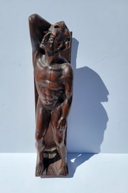 Early Germanic Ex Lubin Galleries Carved Wooden Stylized Male Nude Statue Sculpture Wall Art With