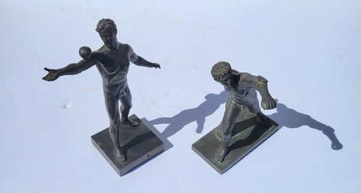 2 Athlete Statue Sculptures One With Ball Likely Art Deco Spelter Patinated White Metal The Other