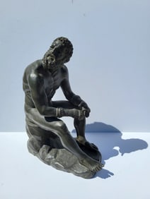 Large Heavy Antique Continental Seated Boxer Hellenistic Greek Roman Male Nude Bronze Statue