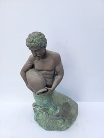 Merman Water Bearer Male Statue Sculpture Aquarius Old Verdigris Spelter White Metal On Lightweight