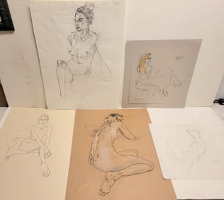 Lot 5 Female Nude Figure Drawings Studies Charcoal And Mixed Media On Paper Various Artists