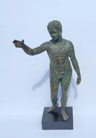 Vintage Bronzed Plaster Patinated Decor Statue Classical Male Nude Contrapposto Greco Roman