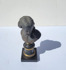 Antique Spelter Jesus Christ Portrait Bust Painted White Pedestal Sculpture Statue