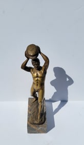 Signed Jager Dore Bronze Grand Tour Male Nude Athlete Lifting Boulder Over Head Warrior Statue