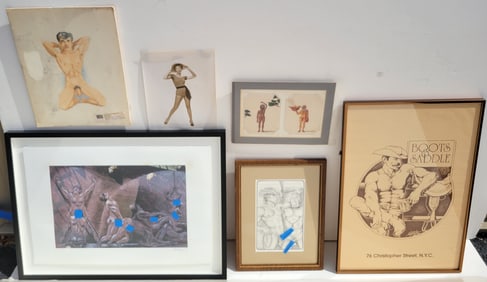 Six Pieces Assorted Erotic Gay Anthropological Fashion Bondage Etc Art Works Incl Neil Bruce Pencil