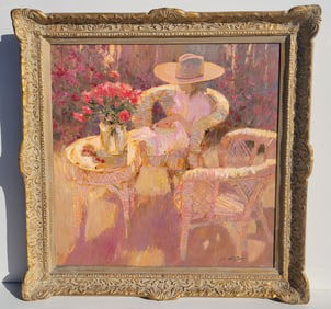 Large Dan McCaw California Impressionist Sunlit Woman Garden Bouquet Oil
