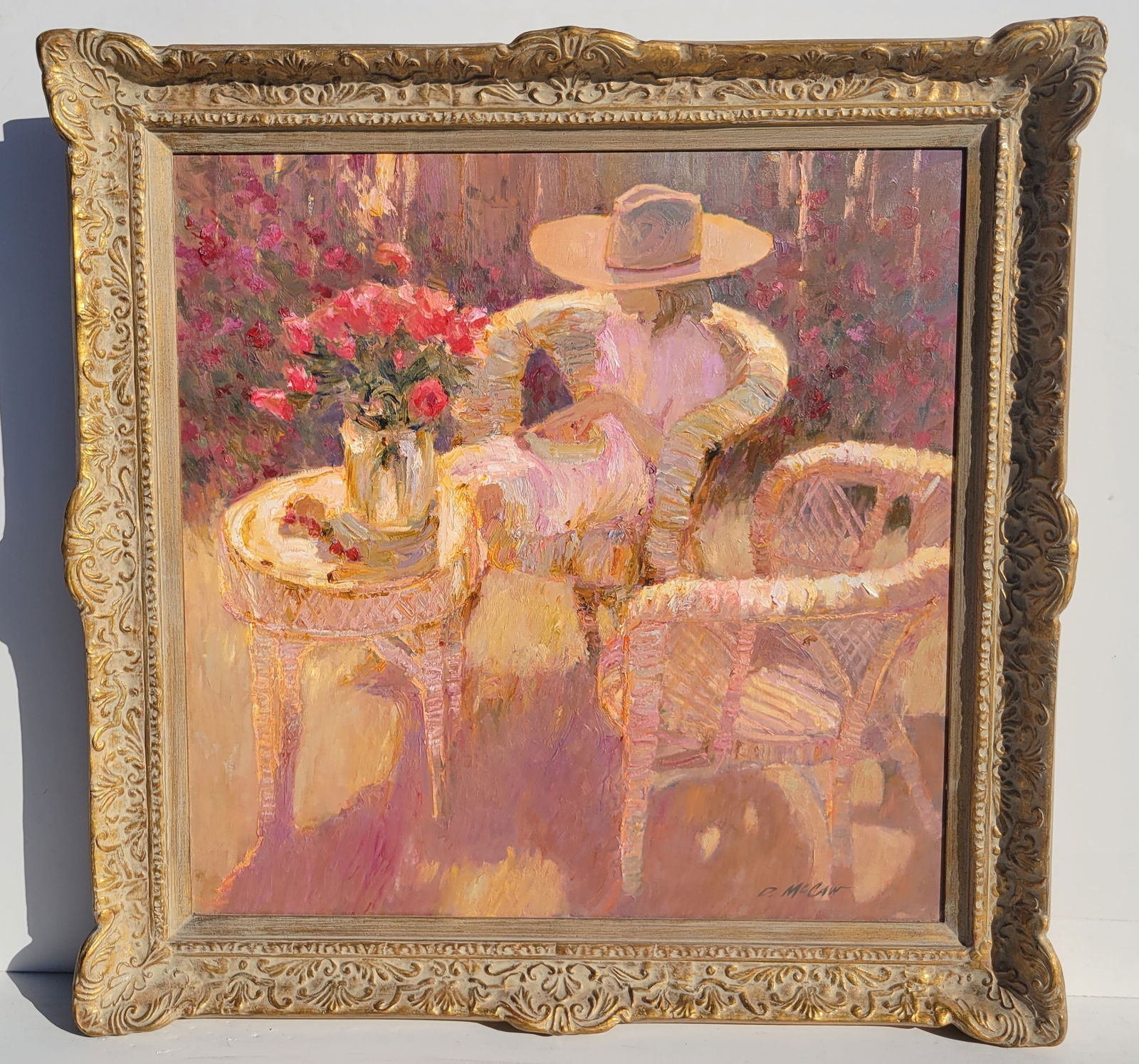 Large Dan McCaw California Impressionist Sunlit Woman Garden Bouquet Oil: Large Dan McCaw California Impressionist Sunlit Woman Garden Bouquet Oil. Oil on canvas, 30in x 30in, 37.5in x 37.5in framed in corner decorated gilt gesso Barbizon manner modern molding with south Pa