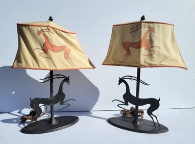 Vanderbilt Estate Wm Hunt Diederich Attributed Pair Iron Antelope Lamps With Period Custom Shades