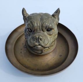 Large Figural Victorian Edwardian Bull Dog Desk Inkwell Brass And Or Bronze Glass Eyes And Insert