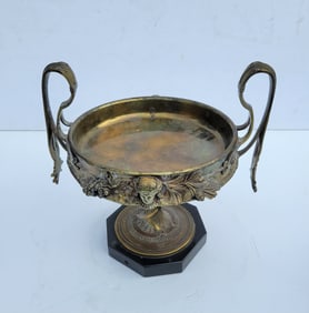 High Relief Bronze Figural Pedestal 11in x 11in Centerpiece Tazza Handled Bowl Bacchus Grapes Female