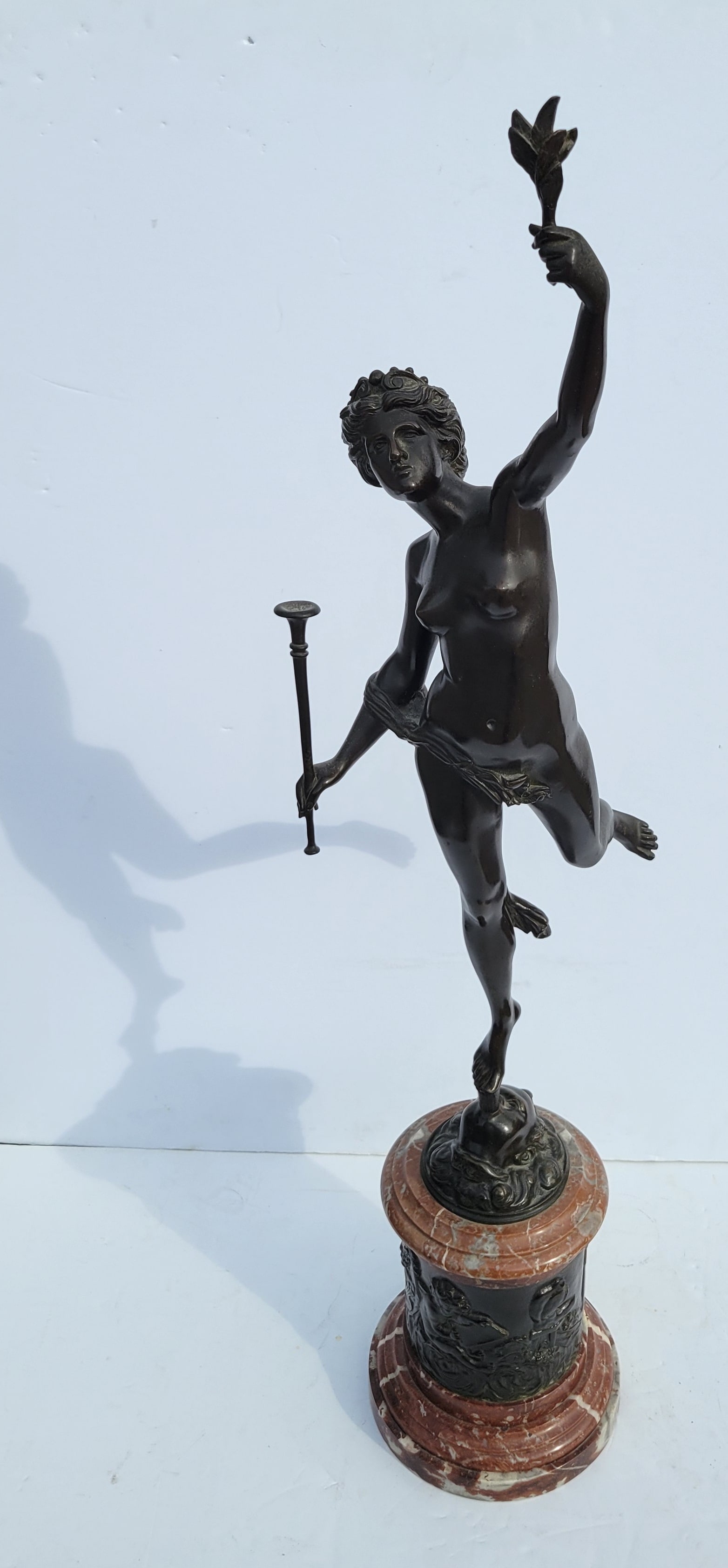 Large Mercury Bronze 34in Female Nude Goddess Sculpture Sculpting Putti Relief Banded Socle Marble: Large Mercury Bronze 34in Female Nude Goddess Sculpture Sculpting Putti Relief Banded Socle Marble Pedestal Base Statue Figure With Face Base Inscribed Sobre Neoclassical. Vintage.Provenance: Estate o