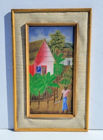 A Pierre Haitian Landscape Oil With Banana Farmer Folk Art Possibly Andre
