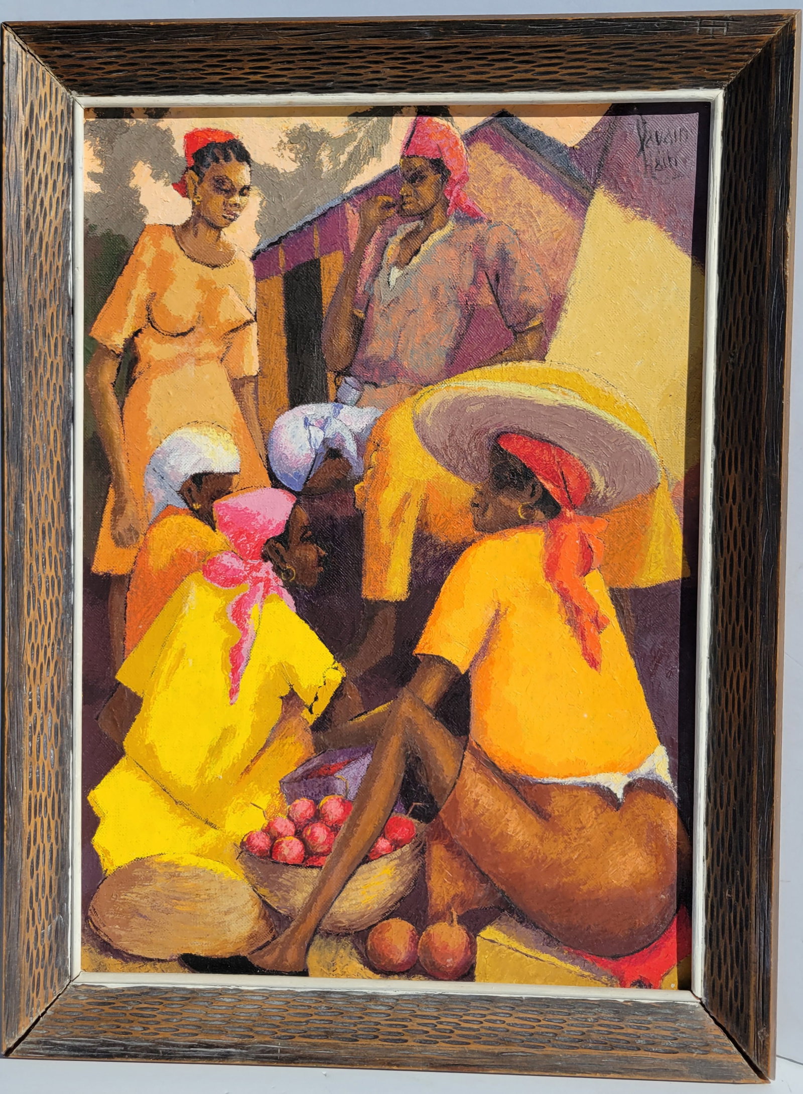 Petition Savain Haitian Market Oil With Figures 27.375in x 20.125in Oil On Canvas On Masonite With: Petition Savain Haitian Market Oil With Figures 27.375in x 20.125in Oil On Canvas On Masonite With American Obituary Clipping Carved Folk Art Frame Signed Upper Right And Inscribed Haiti. Provenance: 