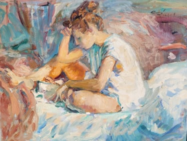 Charles Whitfield Richards New Orleans Artist Impressionist Girl Reading In Bed Oil On Canvas 18in x