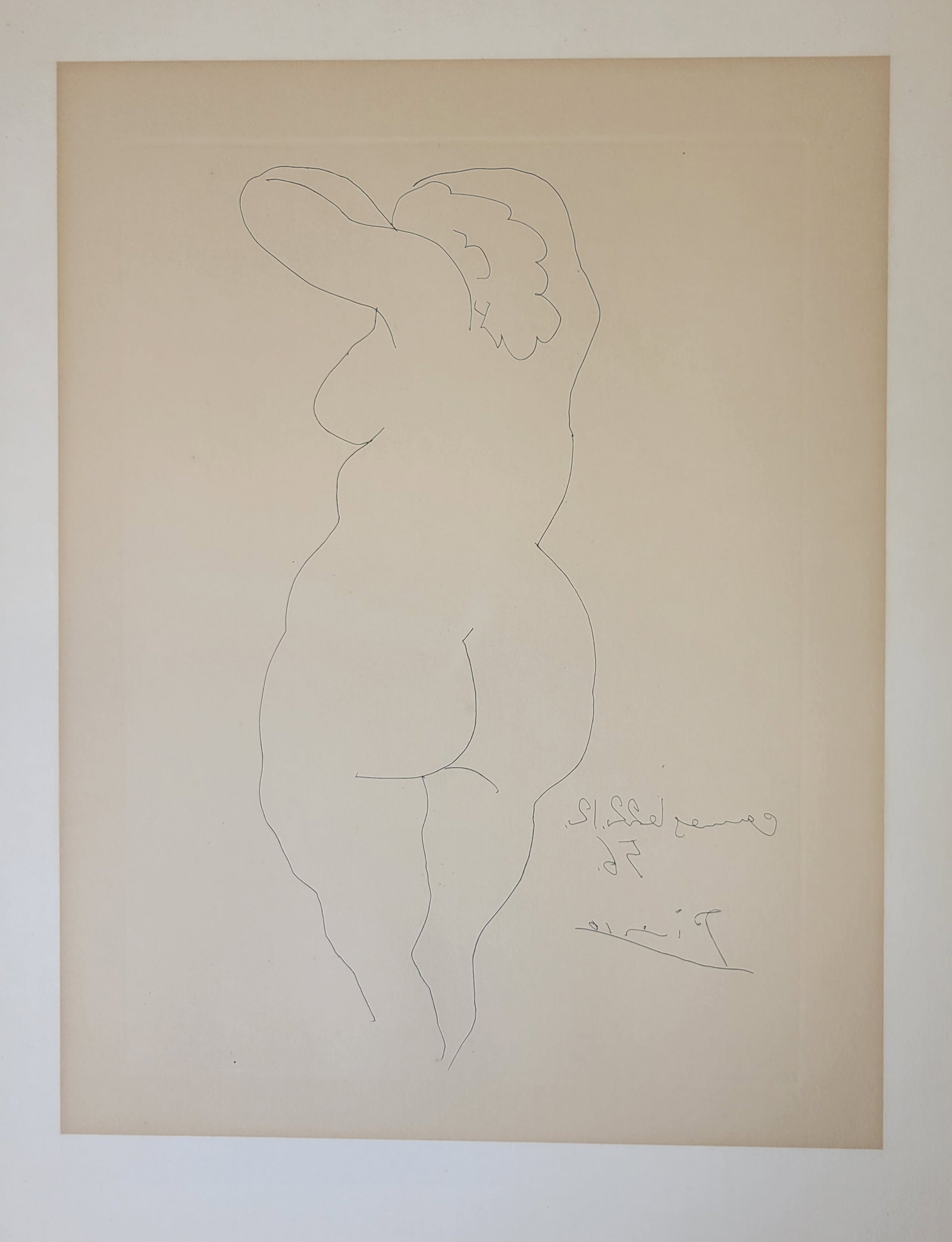 Pablo Picasso 1956 Original Nude Etching Nu De Dos: Pablo Picasso 1956 Original Nude Etching Nu De Dos. Etching on paper, plate aprox 15in x 11in, sheet aprox 21.375in x 17.25in, signed, inscribed and dated in the plate all printing in reverse, unsigne